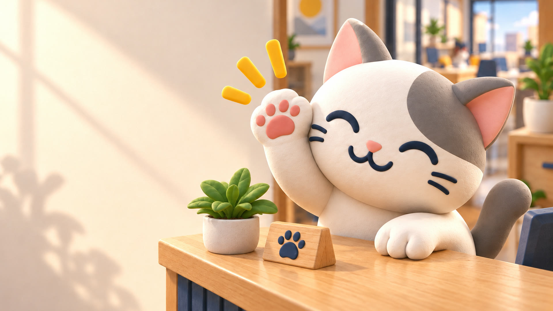 受付で手を挙げる、ねこの手のAI社員